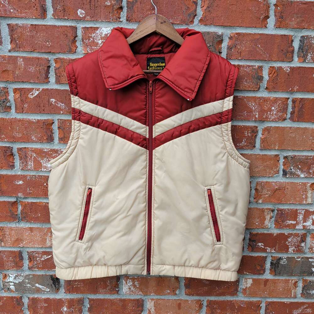 Fingerhut Fashions Puffer Vest Mens L Red Cream Colorblock Vintage 70s